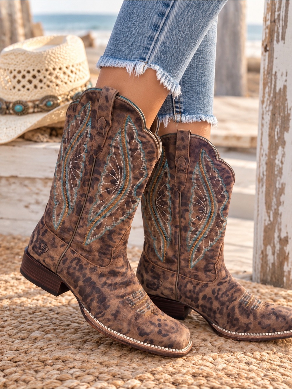 Ariat Brown Leopard Print Western Ankle Boots with Turquoise Stitching